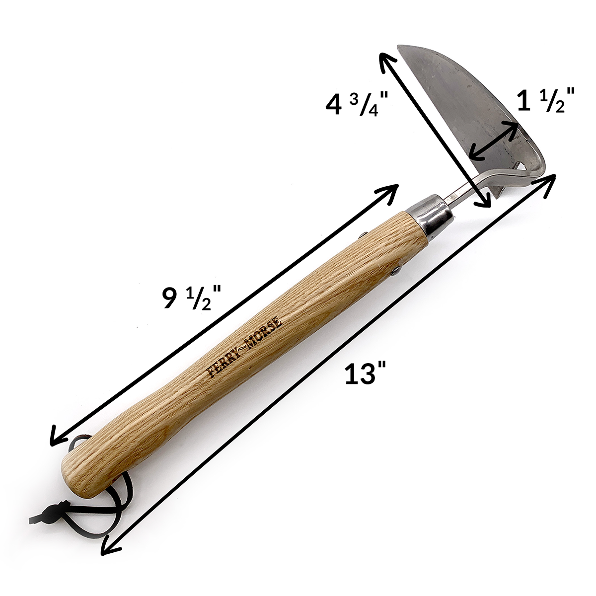 A garden hand hoe with an ash wood handle, genuine leather strap, and a stainless steel head.
